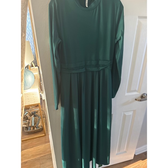 Halara long-sleeve, mock-neck, side-pocket, flare maxi casual dress green L NWT - Picture 12 of 12